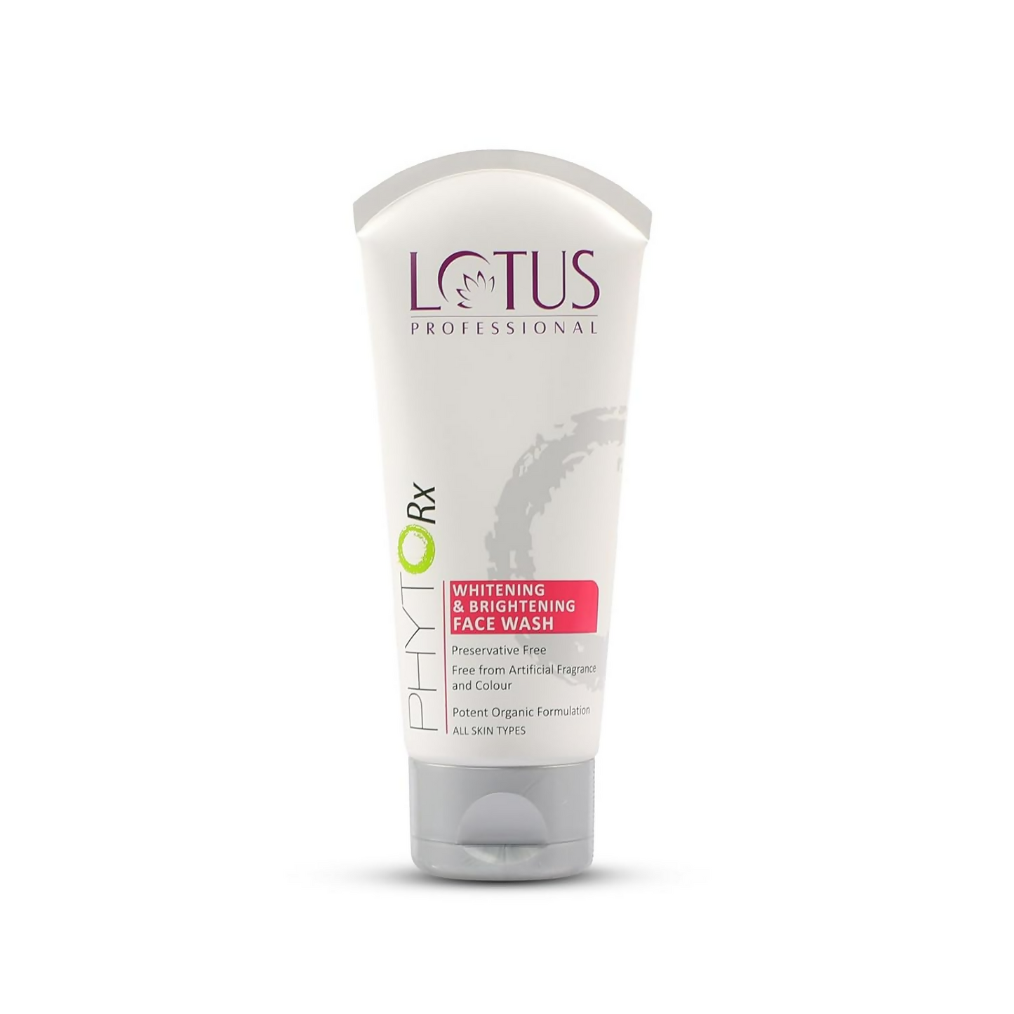 Lotus Herbals Phyto Rx Whitening & Brightening Face Wash in a clear bottle with white liquid and a flip-top cap.