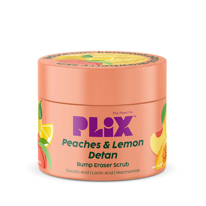 PLIX The Plant Fix Peach and Lemon Detan Bump Eraser Scrub for bath and shower, removes tan and dark spots, restores skin moisture.