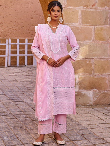 Women Ethnic Motifs Embroidered Regular Chikankari Pure Cotton Kurta with Trousers & With Dupatta