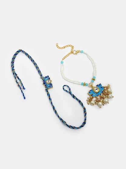 Anouk Unisex Set Of 2 Blue Lotus Shape Kundan-Studded & Beaded Wraparound Rakhi Set