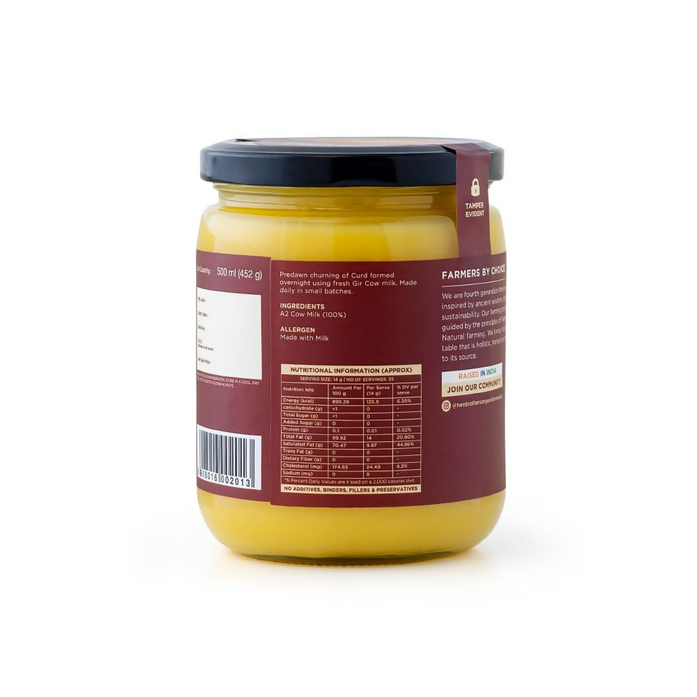 Two Brothers Organic Farms A2 Ghee Butter made from organic grass-fed Gir cow milk, rich and creamy cow ghee in a jar.