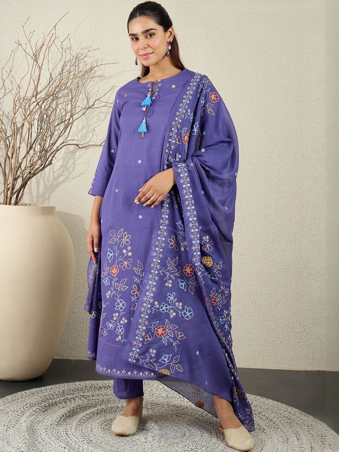 Women Floral Embroidered Cotton A-Line Kurta with Trousers & Dupatta