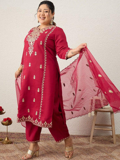 Indyancart Women's Ethnic Motifs Embroidered Regular Kurta with Trousers & With Dupatta