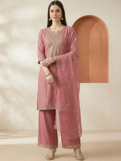 Indyancart IE Women Ethnic Motifs Embroidered Thread Work Kurta with Palazzos & With Dupatta