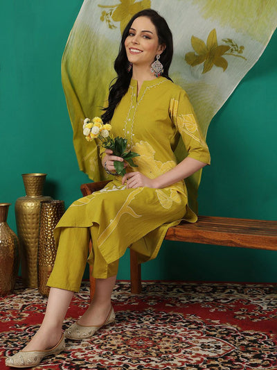 Indyancart SN Women's Printed Pure Cotton Straight Kurta & Trouser With Dupatta