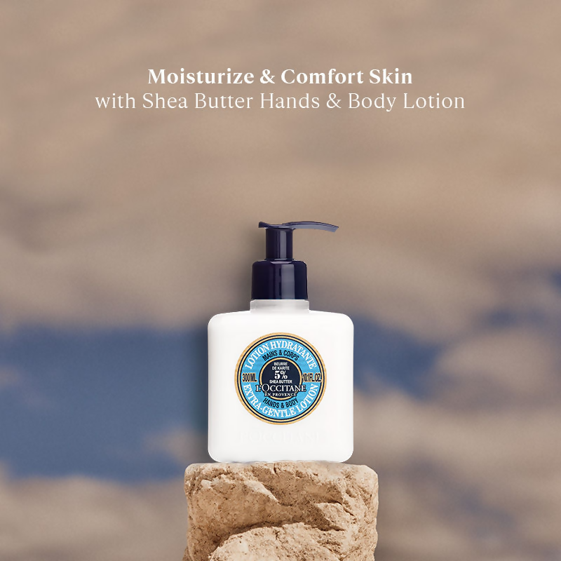 L'Occitane Shea Butter Hands & Body Extra-gentle Lotion bottle showing the soft, creamy lotion with Shea butter ingredients.