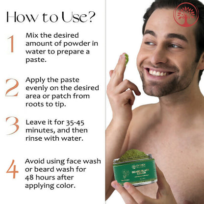 Ivory Natural beard color powder in black, organic plant-based formula, showing a beard application with natural-looking black color.
