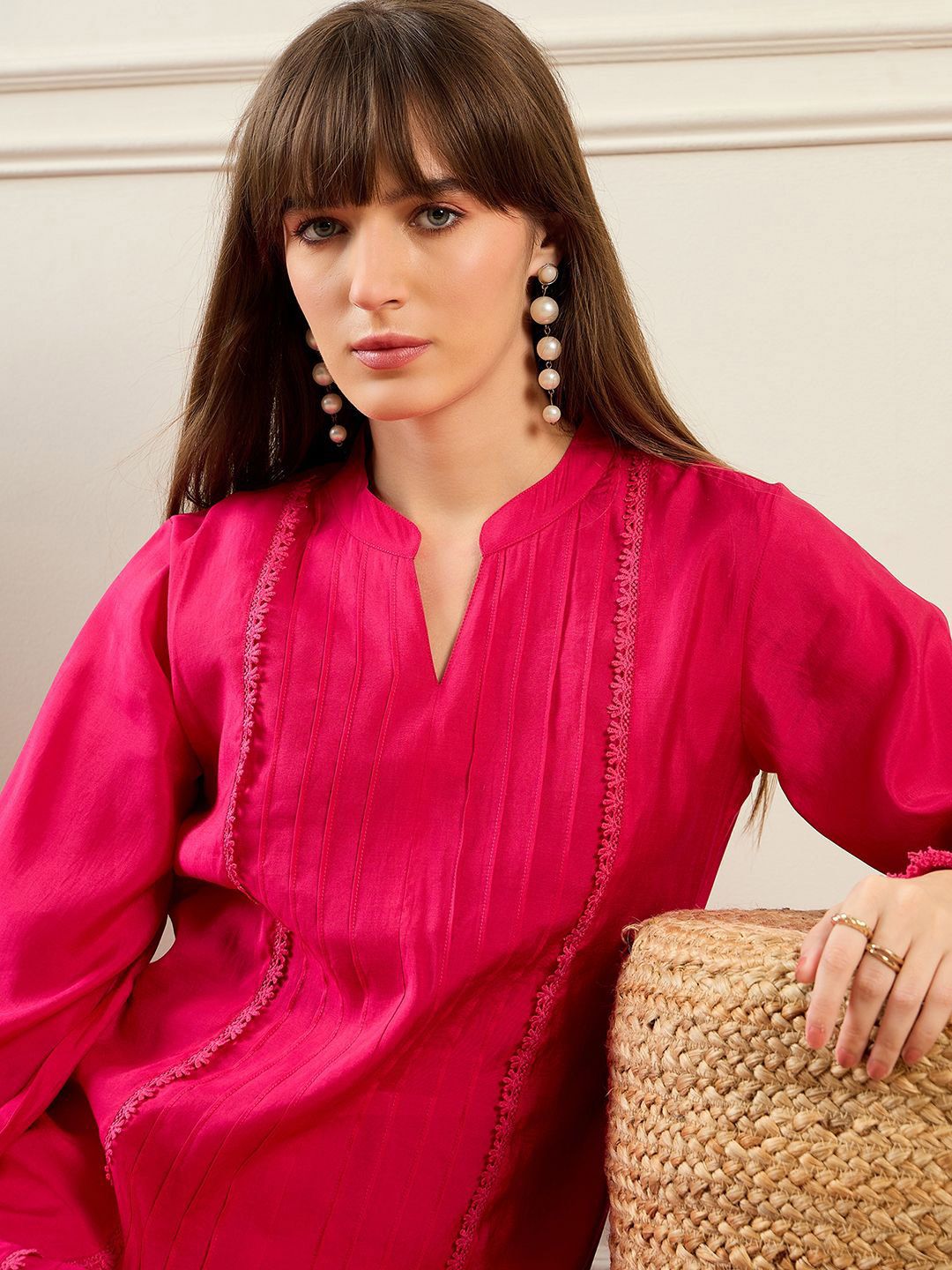 Self Design Mandarin Collar Bell Sleeves Straight Kurta With Trousers