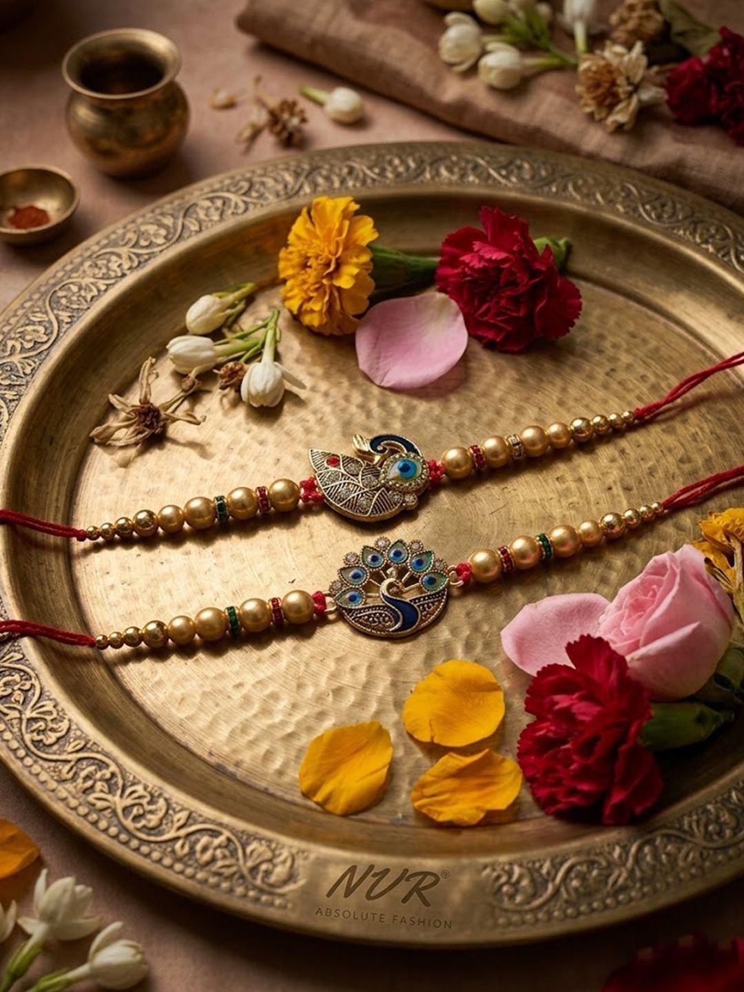 Anouk Set Of 2 Peacock & Ghungroo Design Multicolor Thread Rakhi With Roli Chawal Chandan