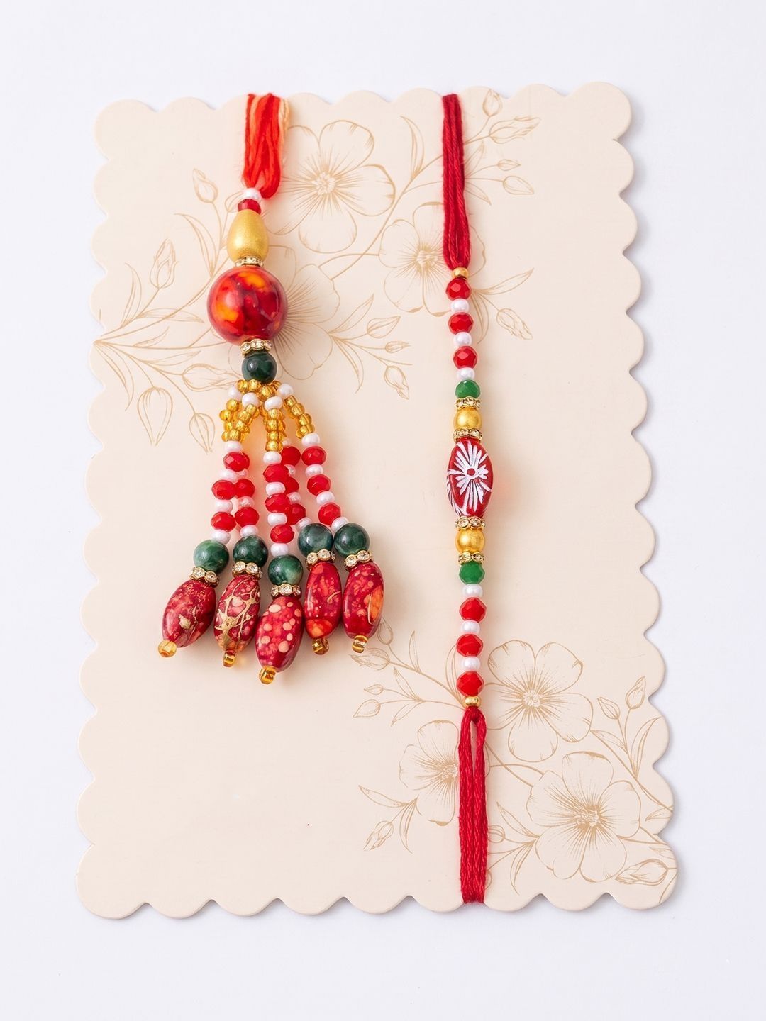 Anouk Set Of 2 Designer Red Artificial Beads Bhaiya Bhabhi Rakhi With Roli Chawal Chandan
