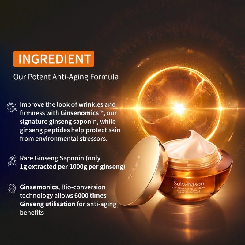 Sulwhasoo Concentrated Ginseng Renewing Cream in a jar, showcasing the luxurious face cream with a white lid and elegant packaging.