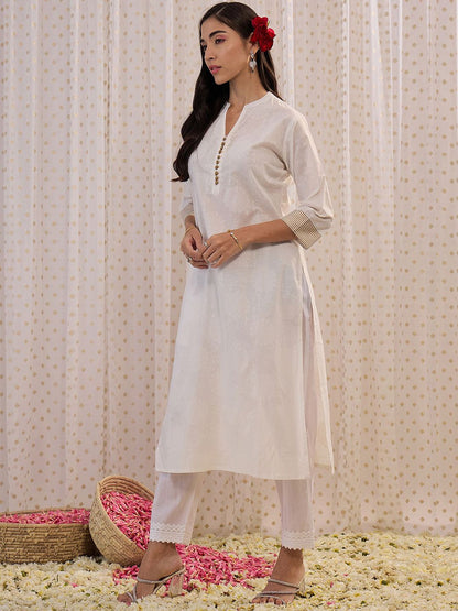 Indyancart IE Off White Ethnic Mandarin Collar Motifs Printed Cotton Straight Kurta