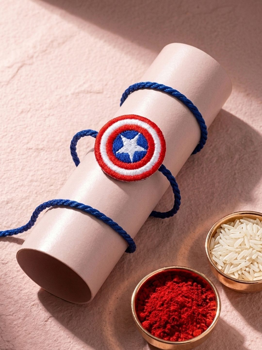 Anouk Stylish Red & Blue Avengers Design Kids Rakhi With Roli Chawal Chandan Mishri