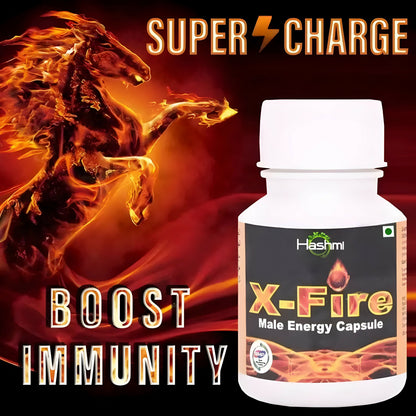 Hashmi X-Fire Unani capsules for men's strength, stamina, energy, and power, shown in a blister pack with capsules.