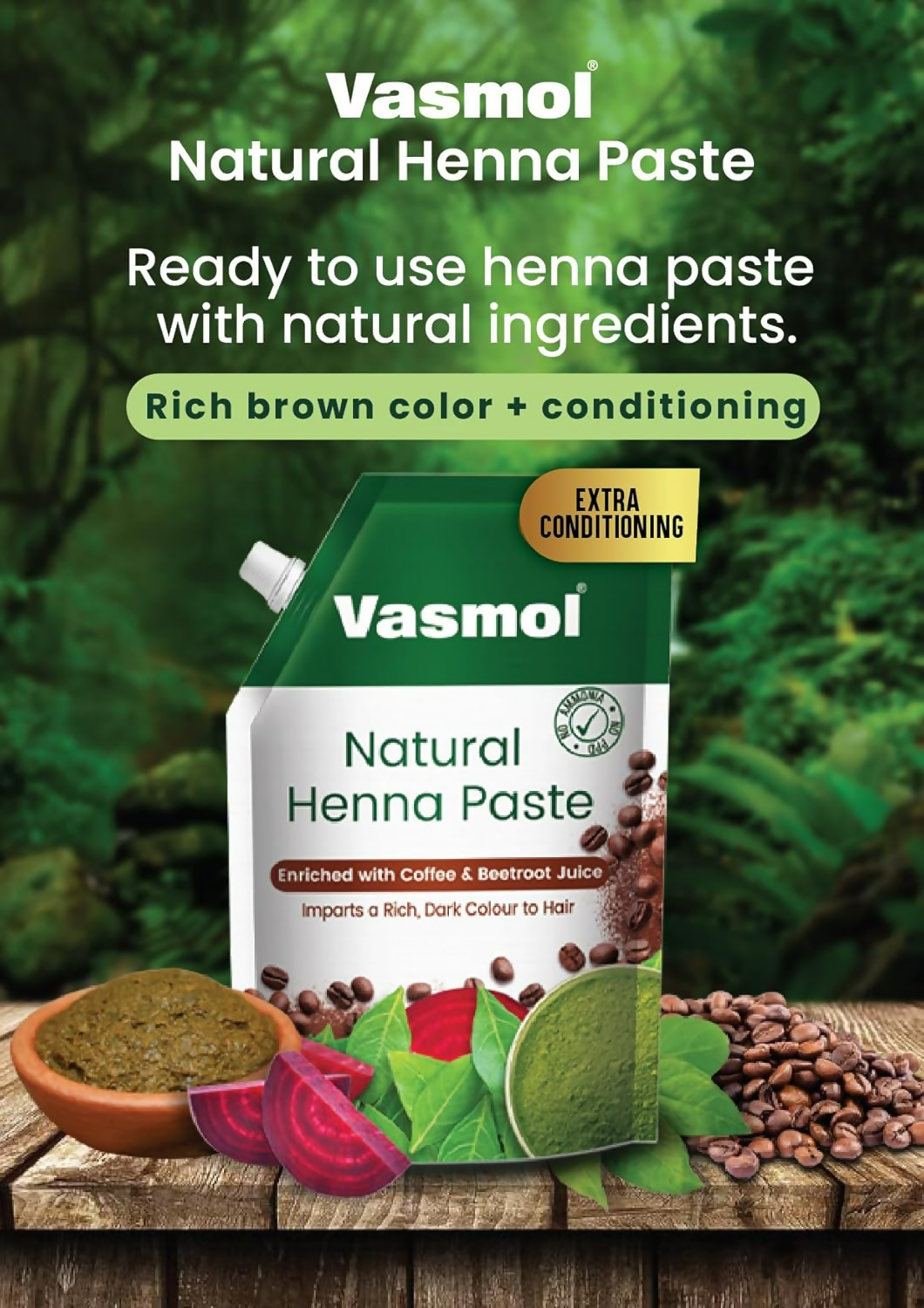 Vasmol Natural Henna Paste ready-to-use for hair coloring, showing a jar of rich, herbal henna paste with natural greenish hue.