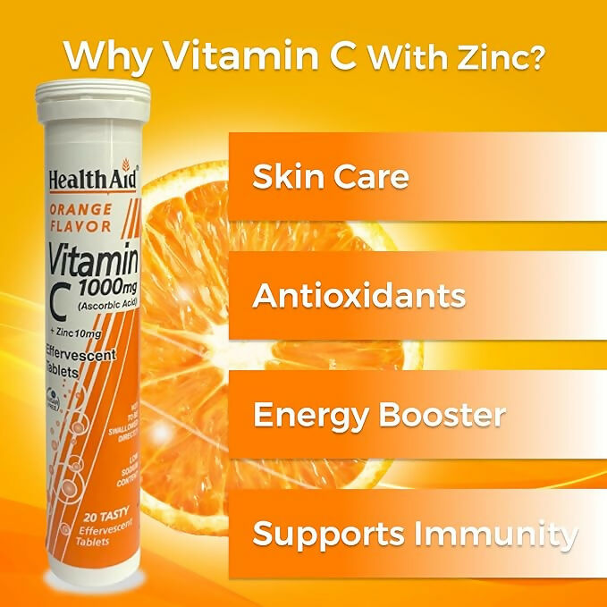 HealthAid Vitamin C 1000mg orange flavor effervescent tablets with zinc, natural Ayurvedic supplement for immune support.