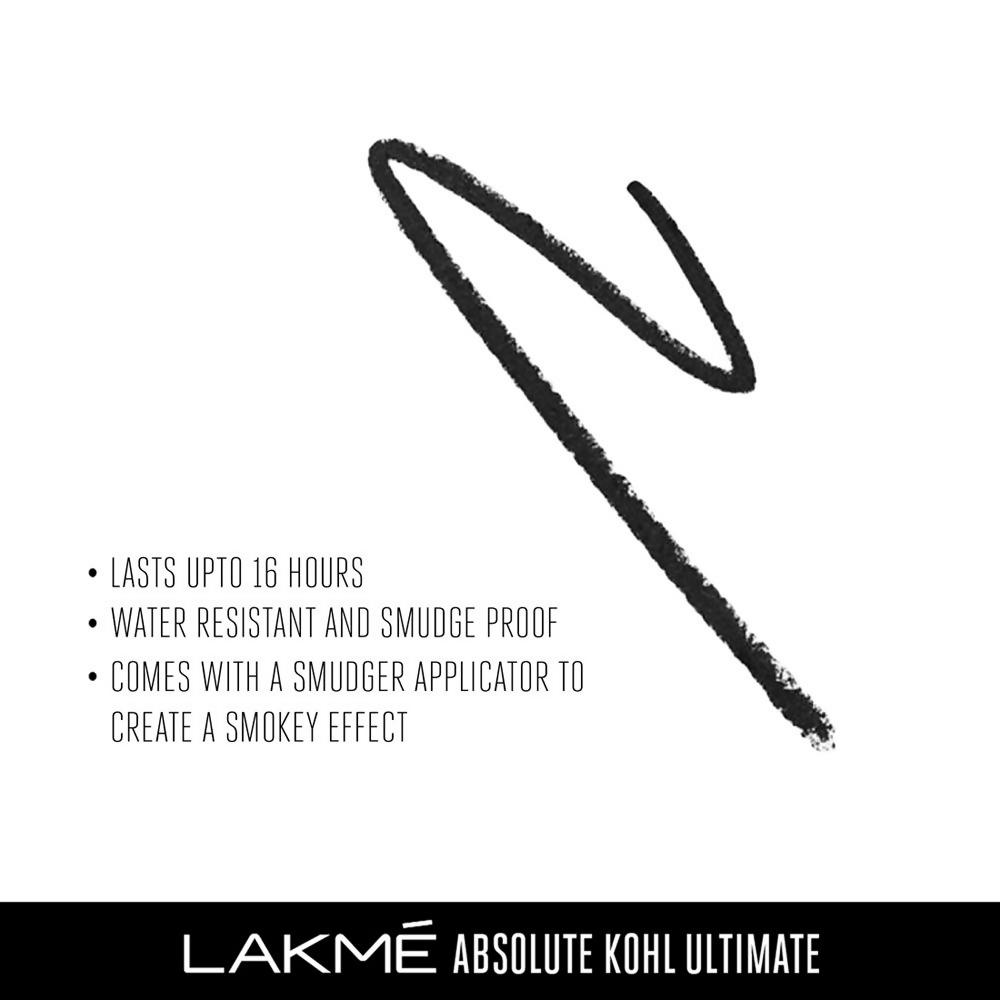 Black Lakme Absolute Kohl Ultimate Kajal pencil with smooth, pigmented formula for bold eye definition.