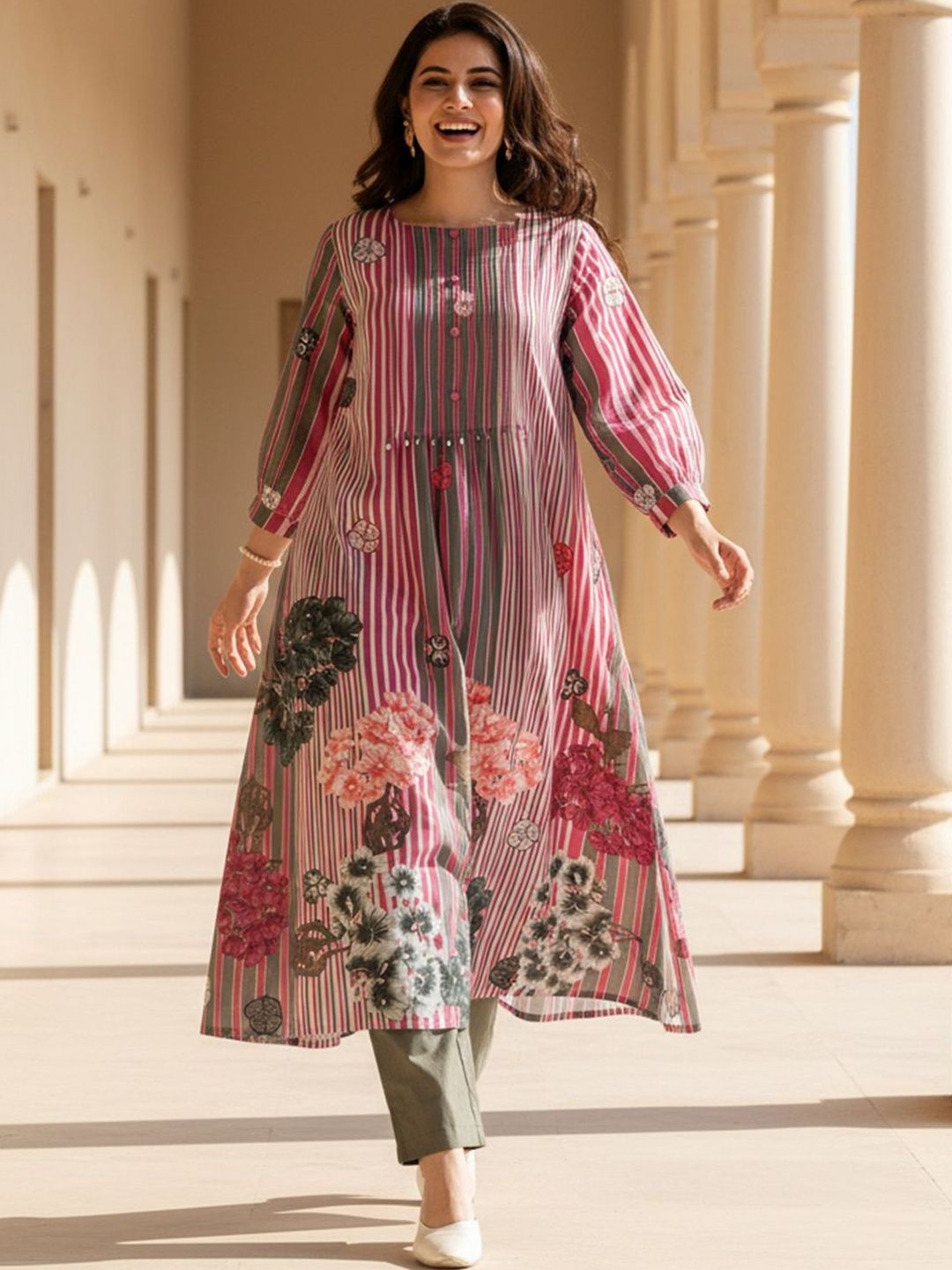Floral Printed Round Neck Pure Cotton Kurta With Trouser