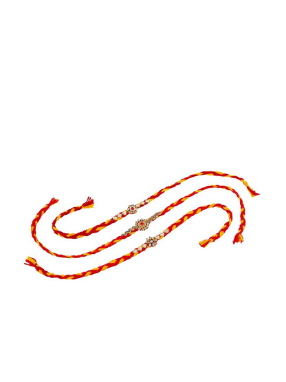 Anouk Men Set Of 3 Red & Yellow Kundan Studded Floral Design Thread Rakhi With Roli Chawal
