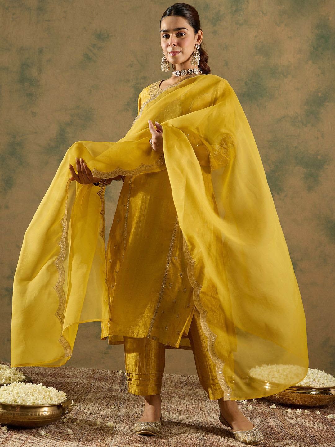 Ethnic Motifs Embroidered Regular Straight Kurta with Trousers & Dupatta