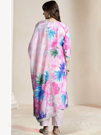 Indyancart IE Women Floral Embroidered Regular Thread Work Kurta with Trousers & With Dupatta