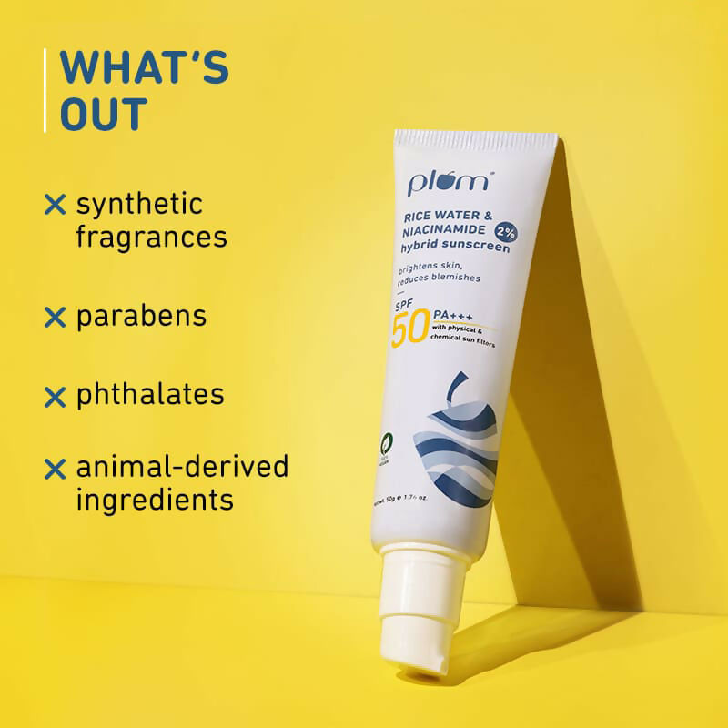 Plum 2% Niacinamide Sunscreen SPF 50 PA+++ with UVA/UVB protection, visible lightweight formula, no white cast, dermat tested