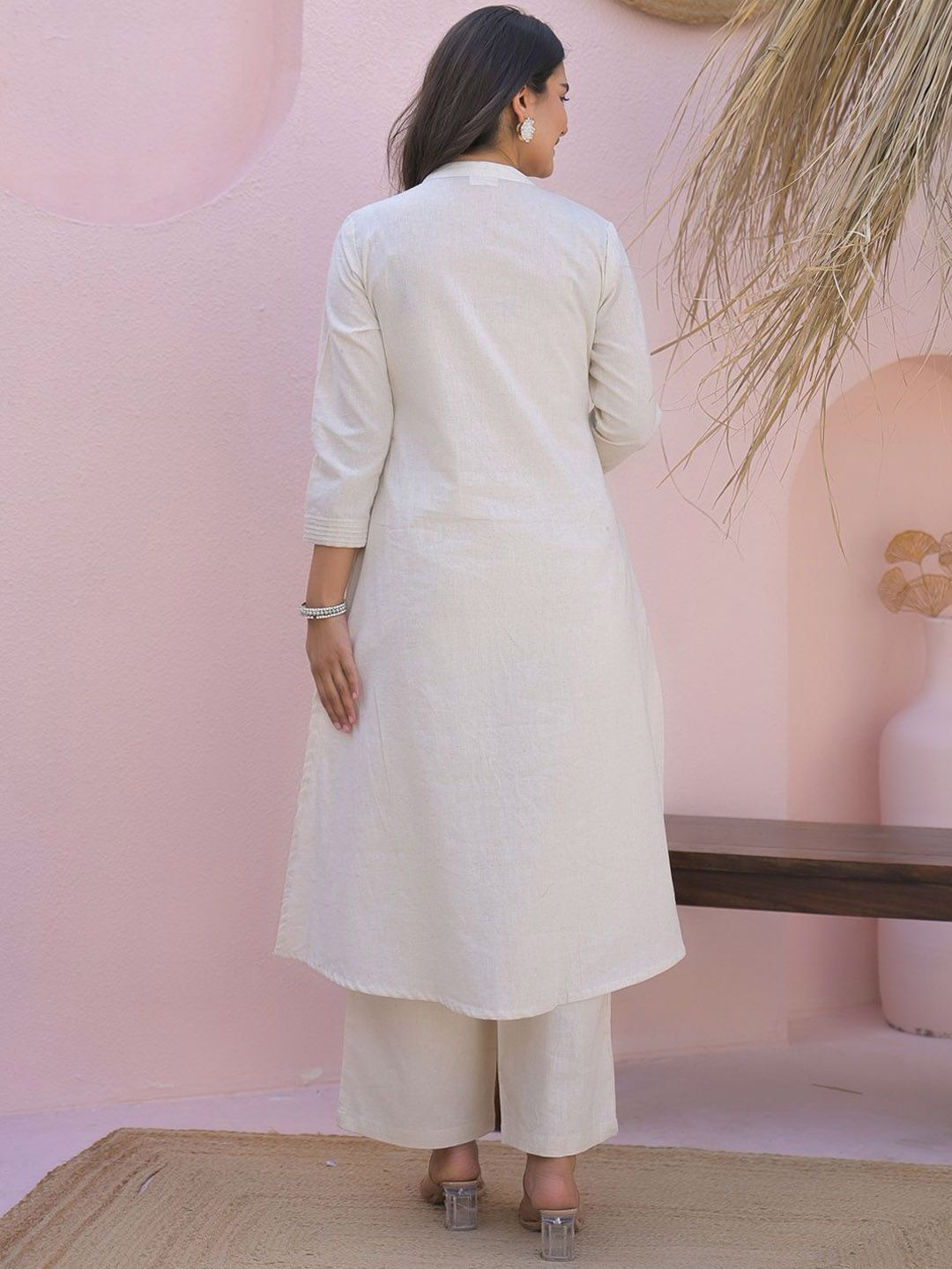 Indyancart IE Embroidered Mandarin Collar Pure Cotton Tunic With Palazzos