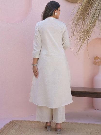 Indyancart IE Embroidered Mandarin Collar Pure Cotton Tunic With Palazzos