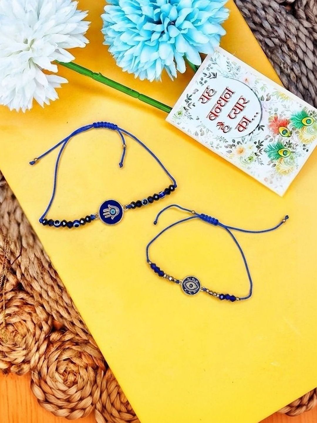 Anouk Set Of 2 Blue Evil Eye Thread Rakhi With Roli Chawal Chandan Mishri