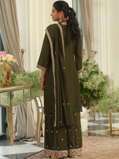 Indyancart IE Women Ethnic Motifs Embroidered Regular Thread Work Kurta with Palazzos & With Dupatta