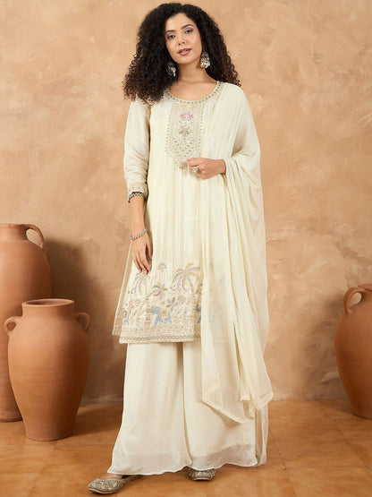Indyancart VA Women Ethnic Motifs Embroidered Kurta with Palazzo & Dupatta