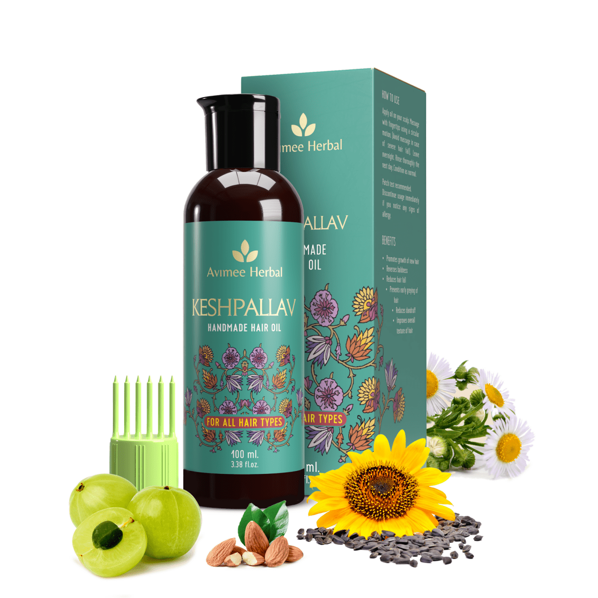 Avimee Herbal Keshpallav Hair Oil, Shakuntala Hair Cleanser, and Scalptone Hair Growth Serum for healthy hair care.