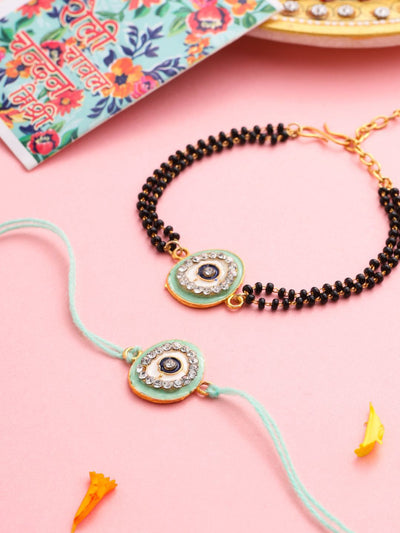 Indyancart Set Of 2 Green Round Shape Artificial Stones Bhaiya Bhabhi Rakhi With Roli Chawal