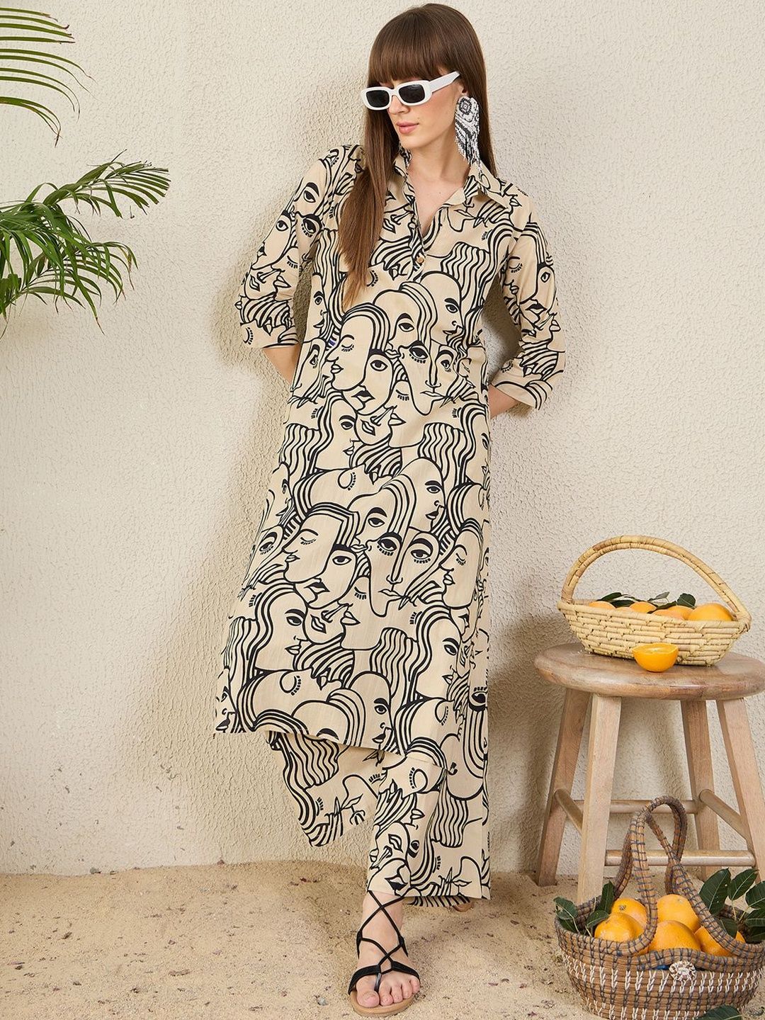 Women Abstract Printed Cotton Kurta with Palazzos