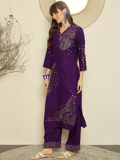 Women Ethnic Motifs Embroidered Regular Mirror Work Kurta with Palazzos