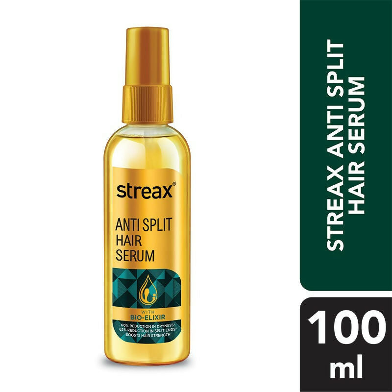 Streax Professional Anti Split Hair Serum with Bio-Elixir applied to smooth, shiny hair strands.
