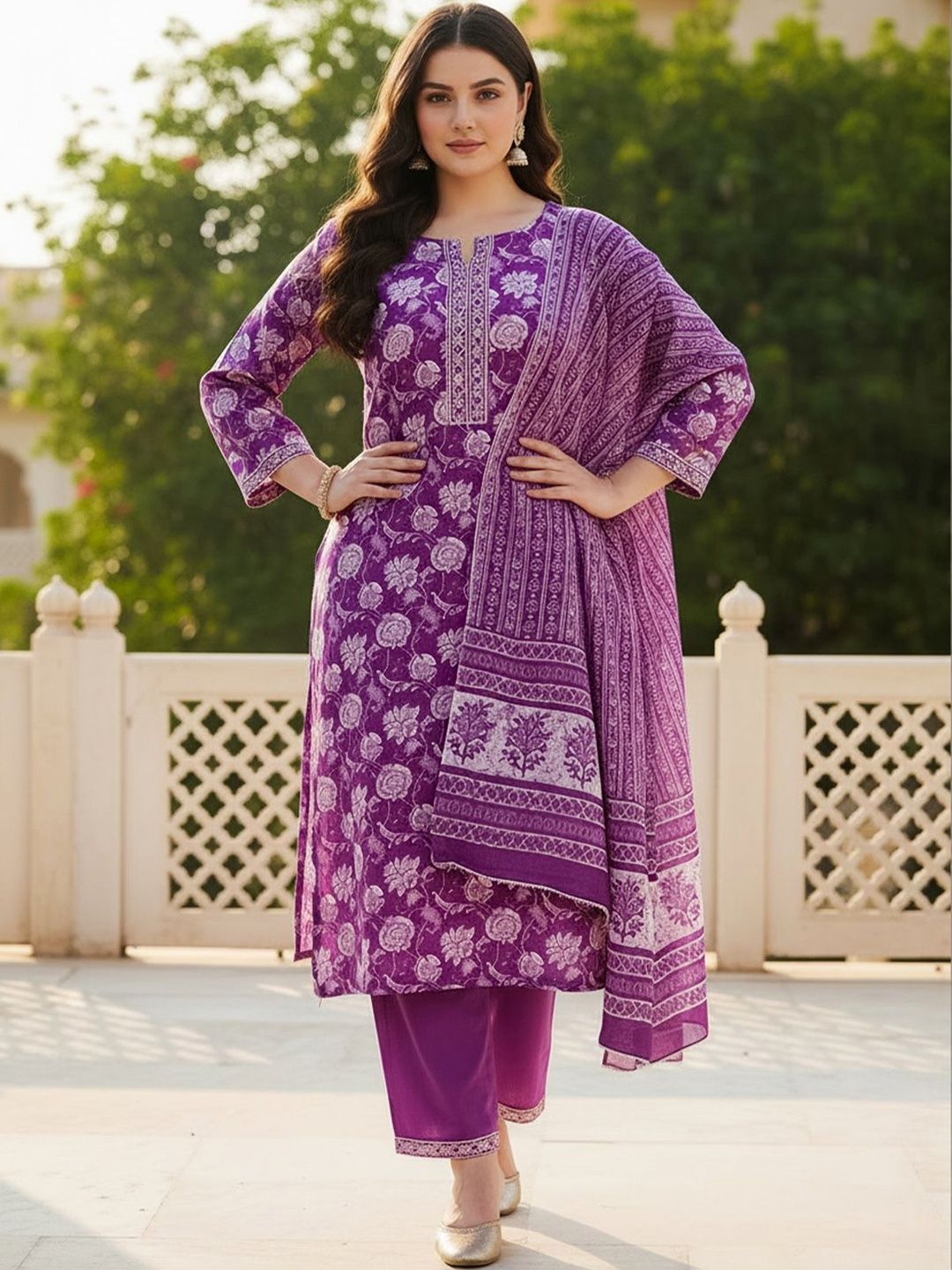 Indyancart Women's Floral Printed Regular Mirror Work Pure Cotton Kurta with Trousers & With Dupatta