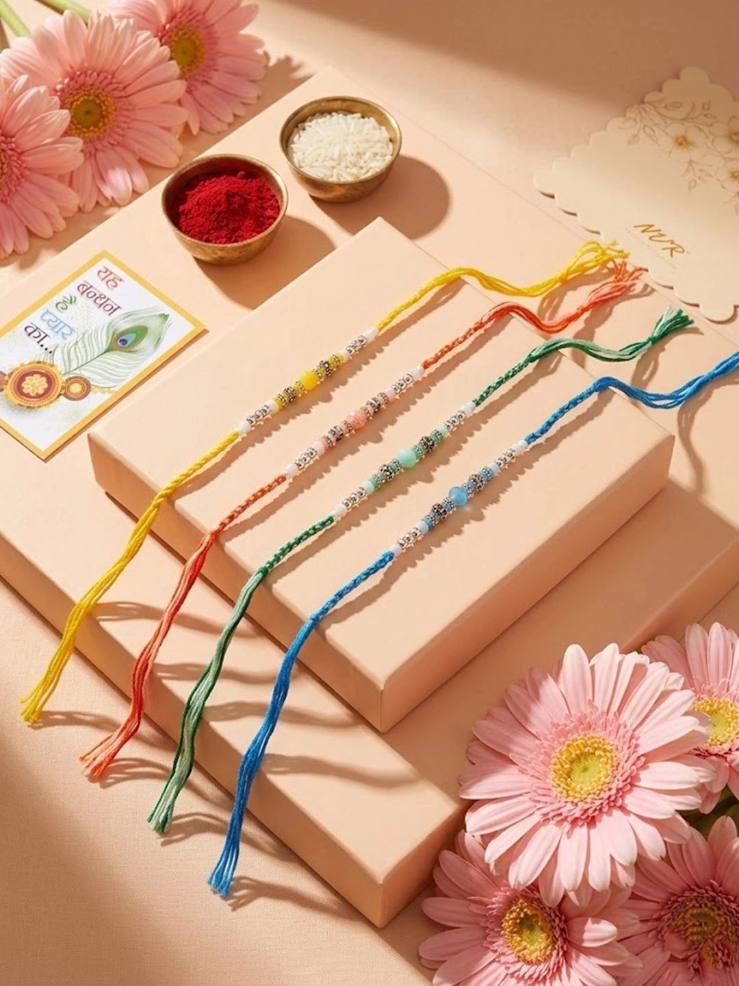 Anouk Set Of 4 Multicolor Artificial Beads Thread Rakhi With Roli Chawal Chandan Mishri