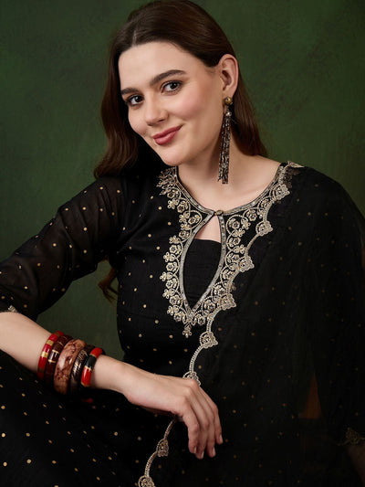 Indyancart SN Women's Floral Printed Embroidered Sequinned Keyhole Neck Kurta With Trouser And Dupatta