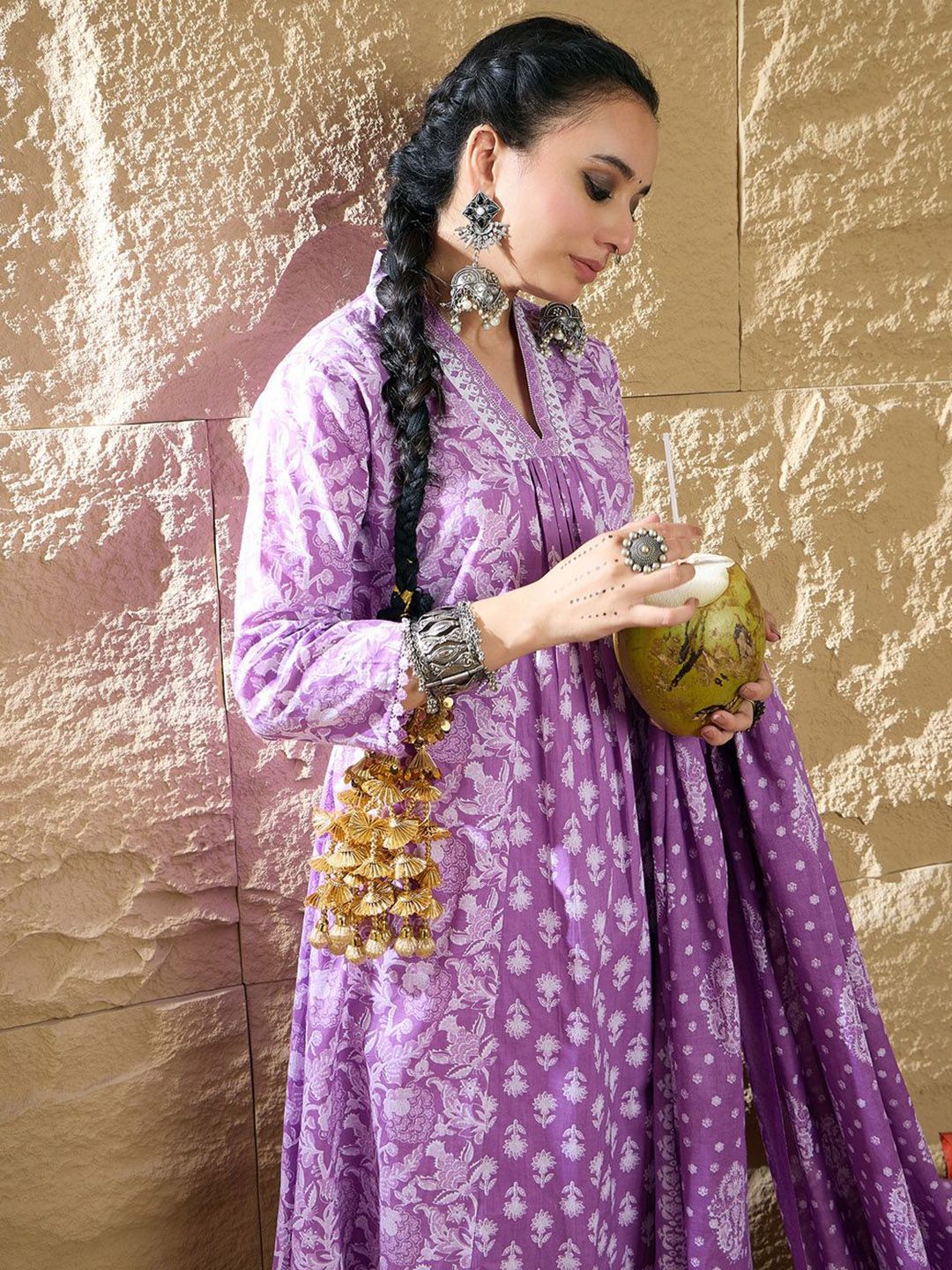 Indyancart IE Women Floral Printed Panelled Pure Cotton Kurta with Trousers & Dupatta