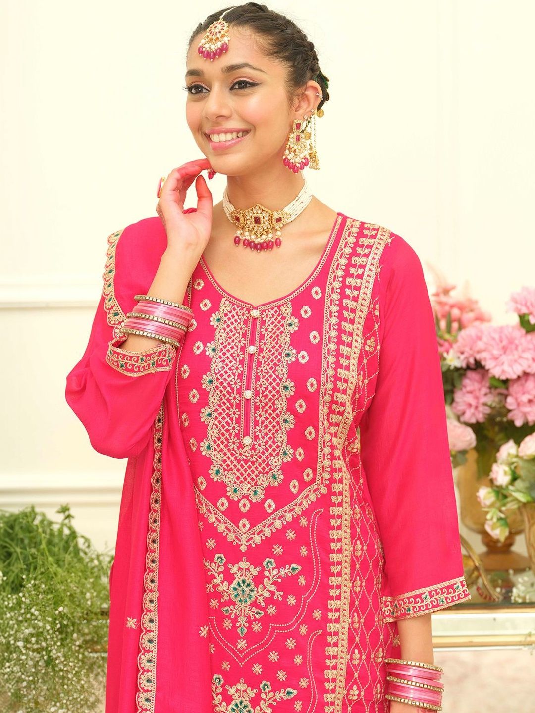 Indyancart IE Women Ethnic Motifs Embroidered Regular Thread Work Kurta with Palazzos & With Dupatta