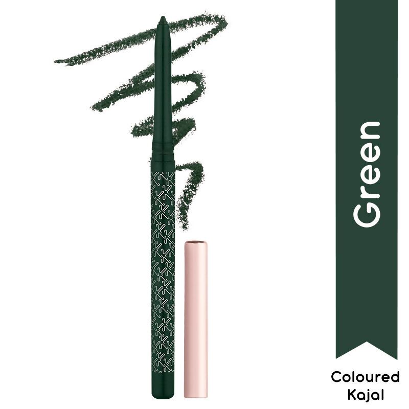 Green Kay Beauty by Katrina Kaif 24HR Coloured Matte Kajal pencil with sharpened tip and vibrant color on a white background.