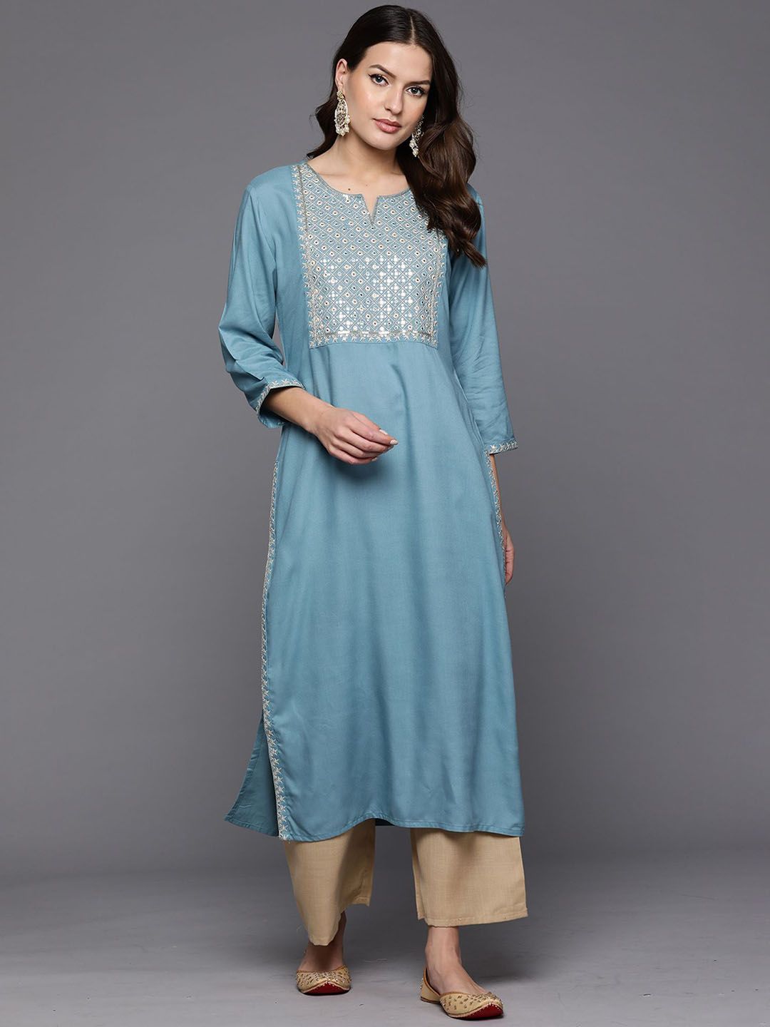 Indyancart IE Blue Notch Neck Embroidered Mirror Work Straight Kurta