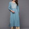 Indyancart IE Blue Notch Neck Embroidered Mirror Work Straight Kurta
