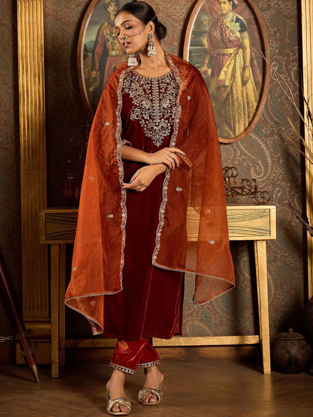 Indyancart IE Ethnic Motifs Embroidered Thread Work Velvet Kurta with Trouser & Dupatta