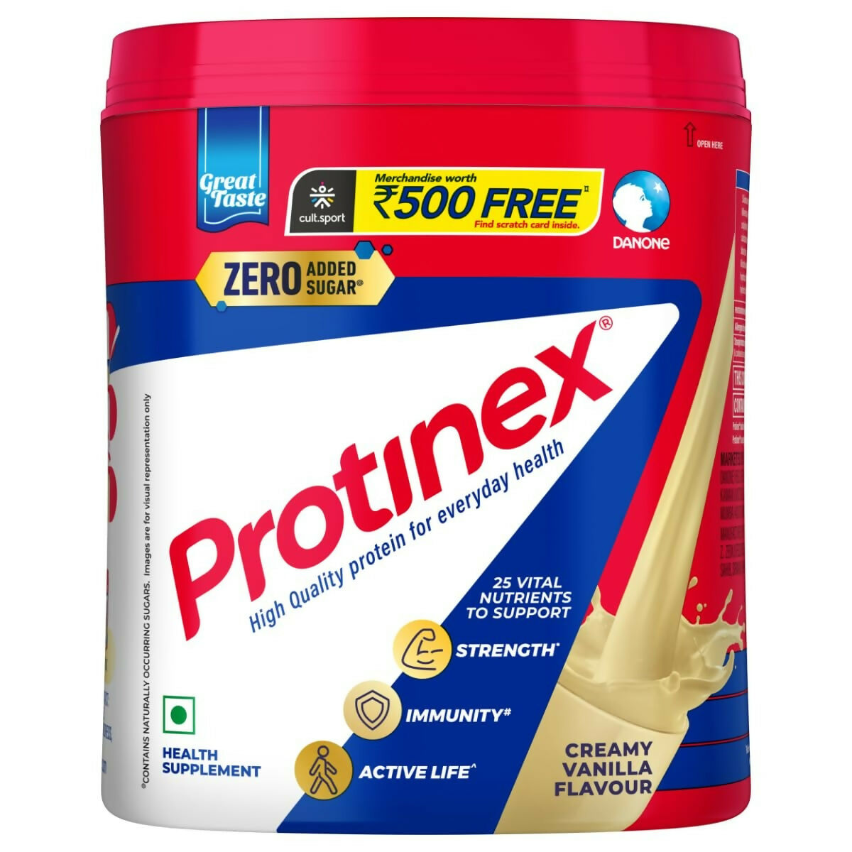 Protinex creamy vanilla health drink mix for adults in a container, featuring a glass of prepared protein supplement on the side.