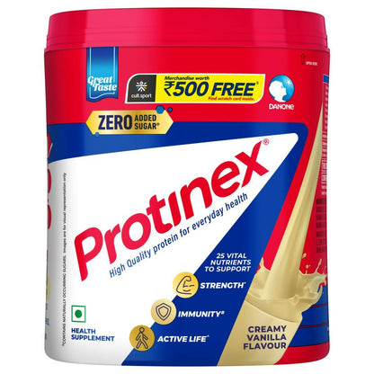Protinex creamy vanilla health drink mix for adults in a container, featuring a glass of prepared protein supplement on the side.