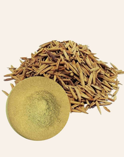 Simandhar Indrajav Ayurvedic Churna powder in a glass jar, showing the herbal powder inside.