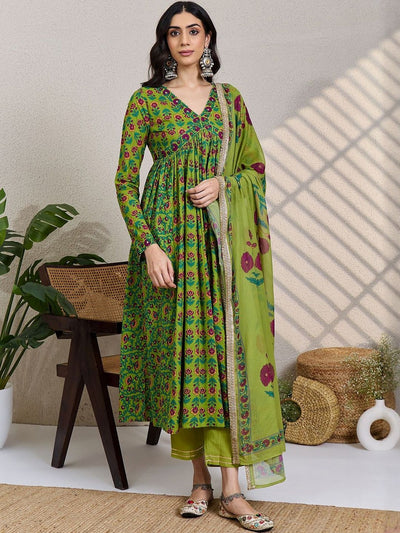 Indyancart IE Floral Printed Panelled Pure Cotton Kurta With Trouser & Dupatta