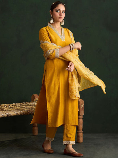 Indyancart IE Mustard Yellow Floral Embroidered V-Neck Straight Kurta with Trousers & Dupatta